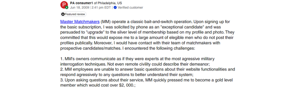 Master Matchmakers Reviews Complaints