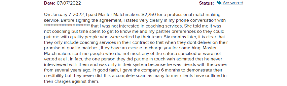 Master Matchmakers Reviews Complaints2