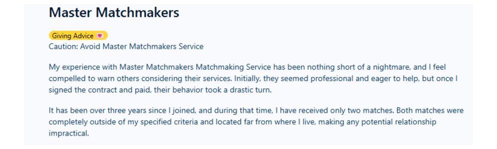 Master Matchmakers Reviews Reddit
